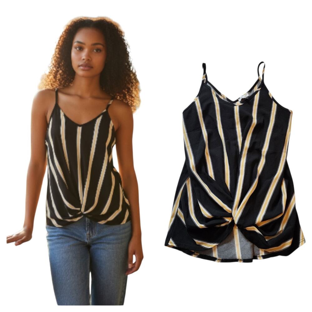 White Birch Womens Pullover Blouse Size S Black Yellow Striped Knotted Tank Top - Picture 1 of 14
